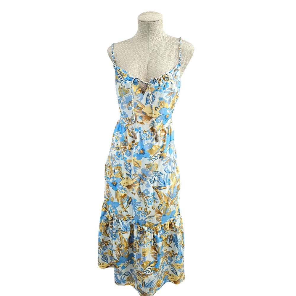 Faherty Women Blue Yellow Floral Tiered Maxi Dress Small Boho Tassel Pockets